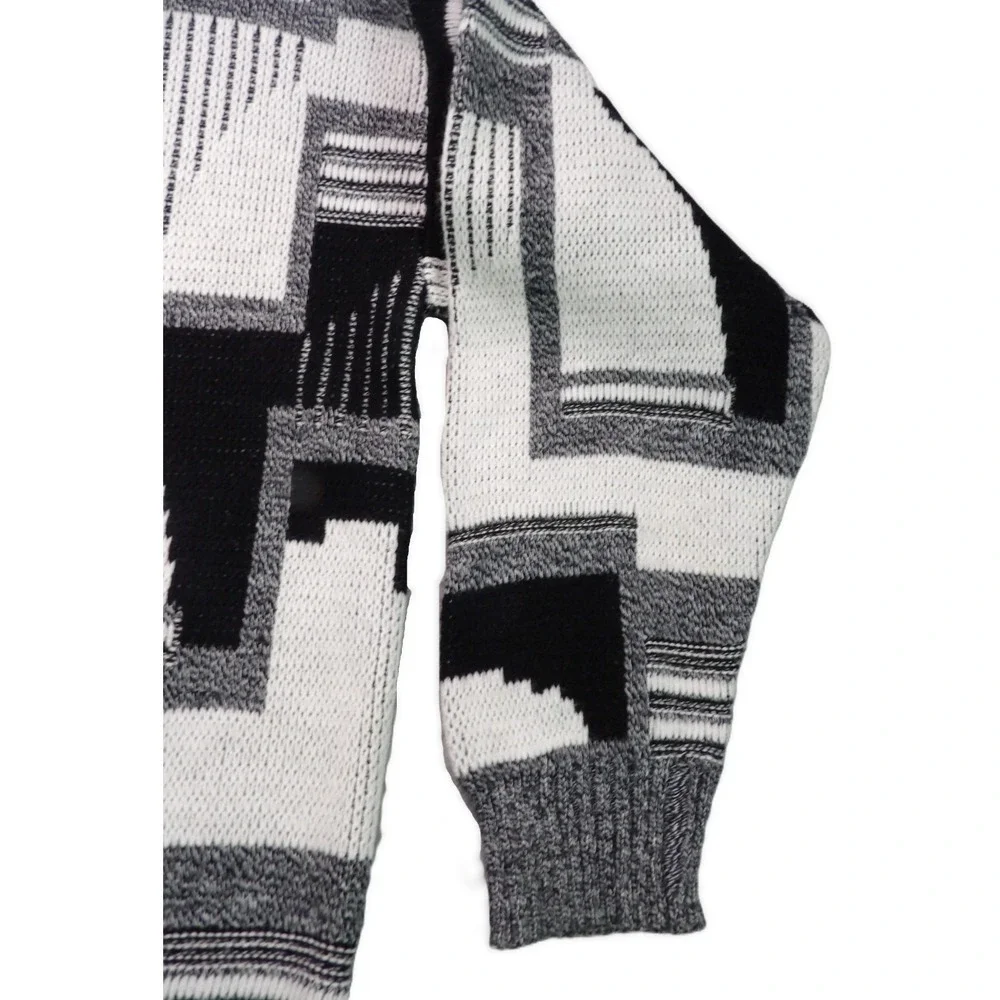 VTG Ashley Knit Sweater Men L Gray Black Abstract Geometric Leather Trim USA 90s